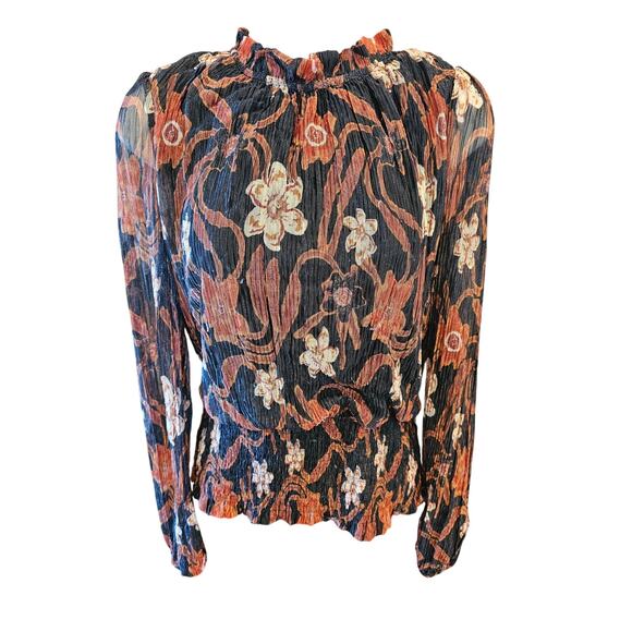 Joie size L retro floral lined ruched buttom chiffon semi Sheer long sleeves EUC - Picture 1 of 8